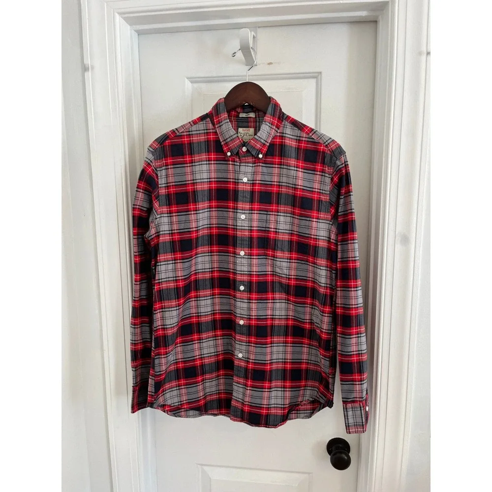 J.Crew Slim All Cotton Oxford Shirt‎ Red Grey Plaid Button Down K1975 Mens L